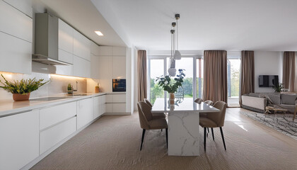 Sophisticated Living: Luxurious White Kitchen and Dining Area with Spacious Living Room