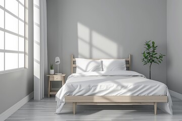 Sun shining through window illuminating minimalist bedroom