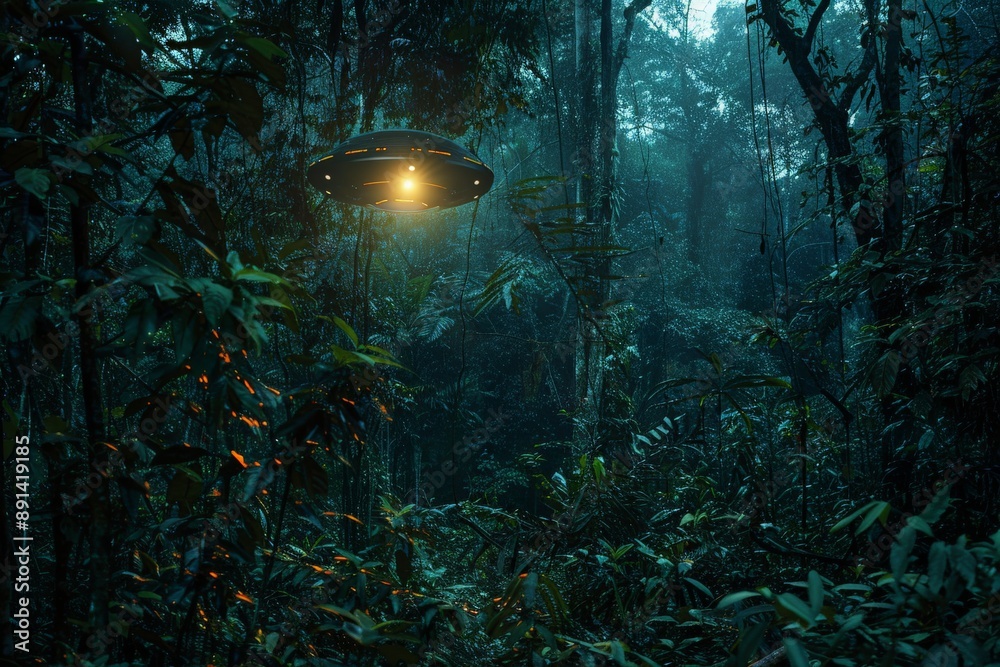 Aufkleber unidentified flying object hovering over rain forest canopy