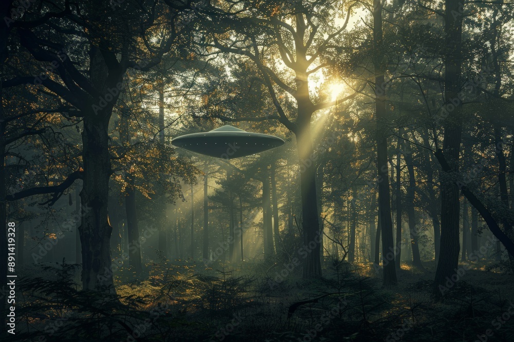Poster Unidentified flying object hovering over forest at dawn