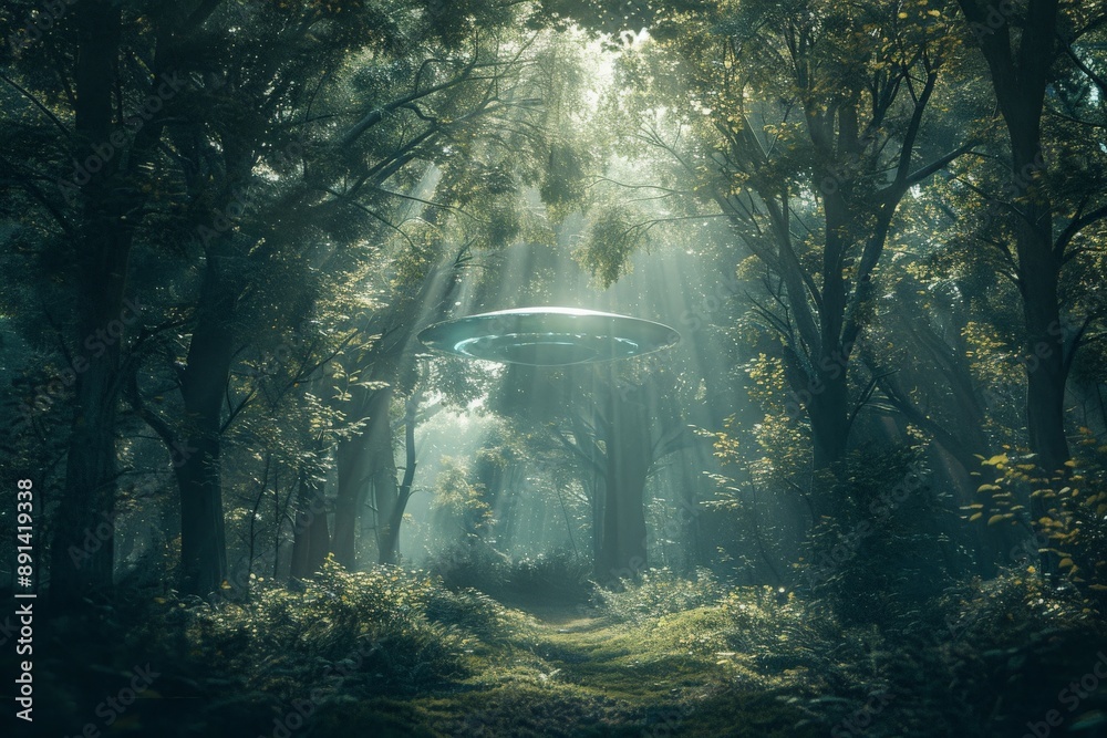 Aufkleber Alien spaceship hovering over a forest path in the sunlight