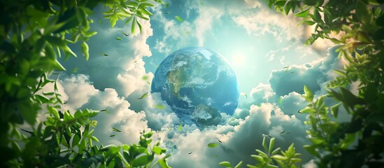 In the midst of a cloudy sky a radiant blue globe is encircled by healthy green plants representing the significance of ecological preservation and maintaining a sustainable lifestyle