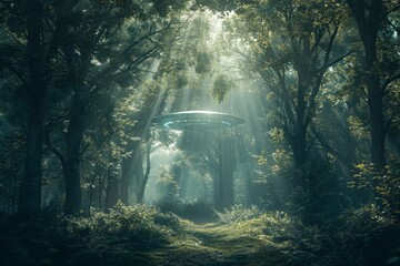 Obraz premium Alien spaceship hovering over a forest path in the sunlight