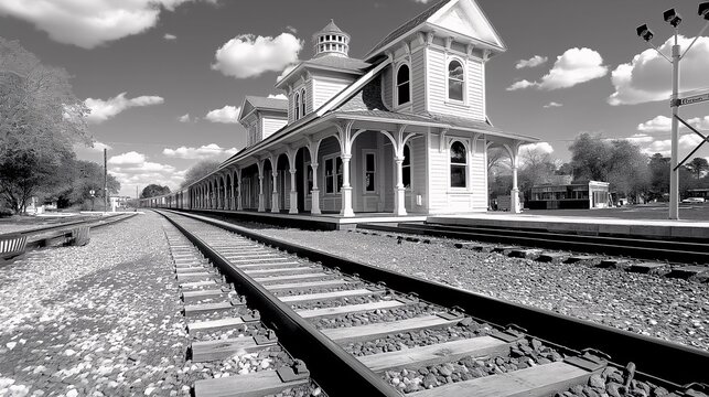 Historic black and white image of an old railway station with steel tracks and a bridge