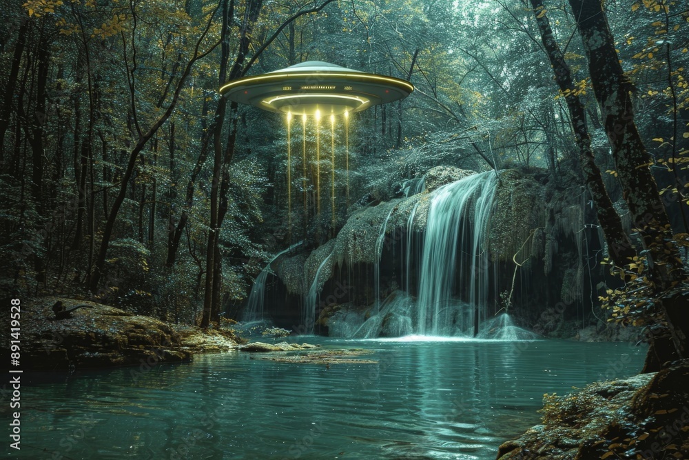 Poster Alien spaceship hovering over waterfall in magical forest