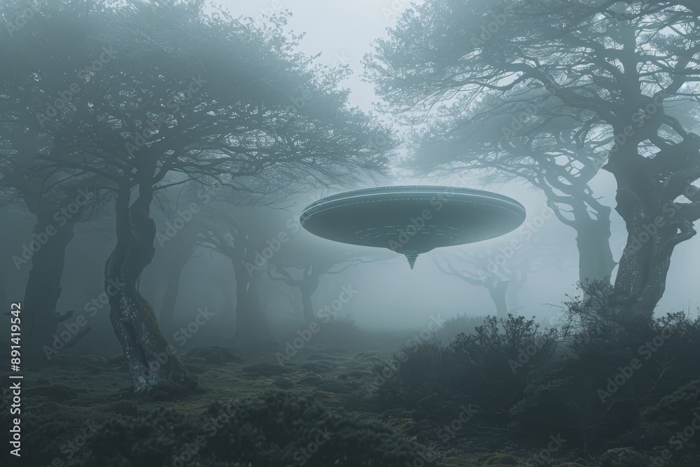 Poster unidentified flying object hovering over foggy forest at night