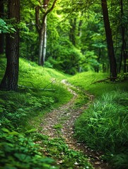Fototapeta premium A pathway through a lush green forest, inviting and serene, perfect for advertising with ample copy space