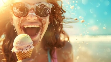 Woman Enjoying Ice Cream on a Sunny Day.