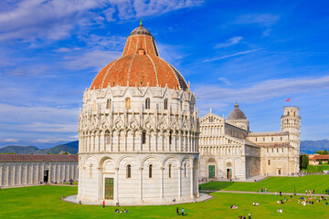 The Baptistery, The Leaning Tower of Pisa and Pisa Cathedral.