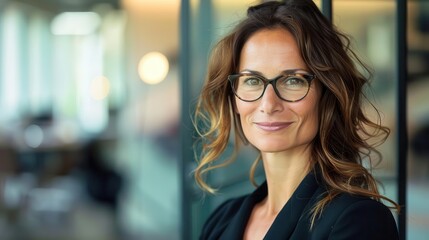 confident businesswoman with radiant smile and glasses looking offcamera in modern office setting warm lighting emphasizes professional attire and positive energy