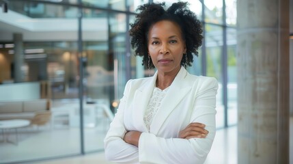 confident middleaged afroamerican businesswoman in a white suit standing with arms crossed in a modern office professional portrait conveying leadership success and corporate diversity