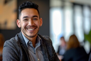 Fototapeta premium Young hispanic professional smiling in office meeting