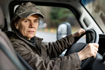 Profile of a middle-aged woman in work clothes driving a truck Image of the transportation and delivery industry, etc.. Beautiful simple AI generated image in 4K, unique.