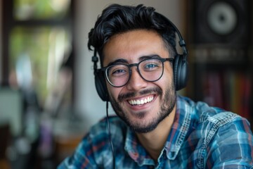 Young happy man listening music with headphones smiling at home