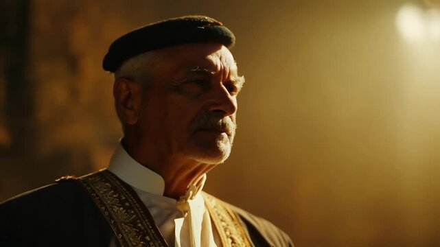 Elderly man in traditional costume with thoughtful expression