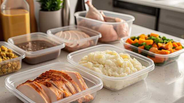 Thanksgiving meal prep with turkey and side dishes 