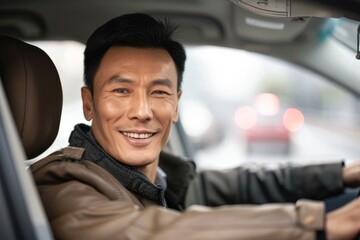 Obraz premium Profile of a middle-aged woman in work clothes driving a truck Image of the transportation and delivery industry, etc.. Beautiful simple AI generated image in 4K, unique.