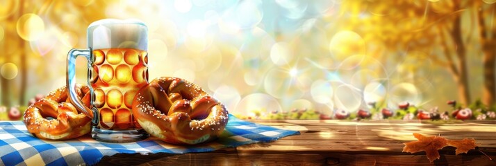 Oktoberfest celebration. Horizontal banner. Pretzels, beer, tablecloth in the colors of Bavarian flag on a wooden table. Autumn background. Traditional German festival in Munich. Free space for text