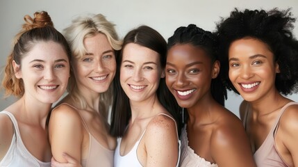 Obraz premium diverse group of women with radiant natural beauty soft lighting enhancing glowing skin genuine smiles and confidence