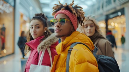 Youthful Multiracial Fashion Shoppers in Vibrant Winter Attire at Busy Mall. Generative ai