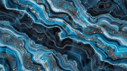 Abstract blue and black marble texture with gold accents