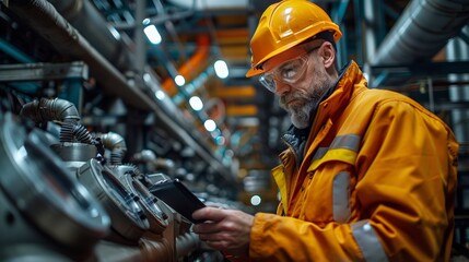 Inspector conducting a safety audit, testing alarm systems and emergency response protocols in an industrial facility