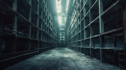 eerie abandoned warehouse interior bathed in shadows and cool tones towering shelves and empty spaces create an atmospheric scene with a hint of mystery and decay