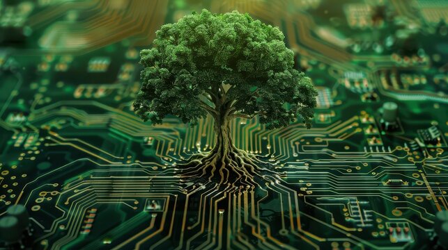 ecotechnology fusion lush green tree growing from a computer chip roots intertwining with circuits symbolizing harmony between nature and technology