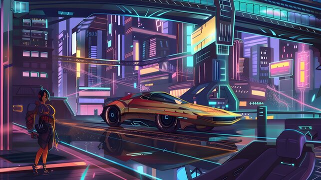 A futuristic city with a woman standing in the foreground, a neon-lit car drives by.