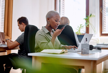 Woman, talking and cellphone in office for feedback, social media and online for research. Technology, human resources and call in workplace for career, website and notification for mobile app