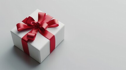 Obraz premium elegant gift box wrapped in lustrous red ribbon soft shadows enhancing texture minimalist composition on clean white background