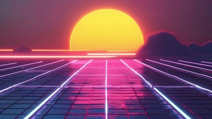 Retro sunset over a glowing neon grid.