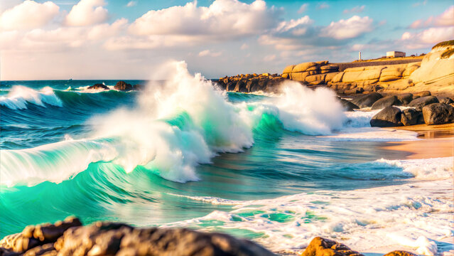 ocean waves crashing against rocky shore, vibrant seascape, dynamic nature scene, World tourism day