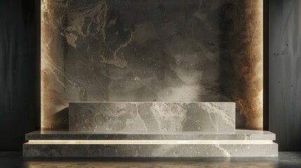 elegant product podium crafted from luxurious natural stone subtle lighting accentuating texture and form set against a deep black background for dramatic contrast
