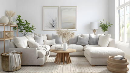 Obraz premium Scandinavian living room interior design in light colors grey and beige colors