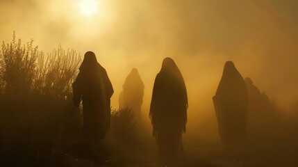 a biblical scene with silhouetted figures in traditional robes against a warm ethereal background soft light and muted colors evoke a sense of reverence and spiritual significance