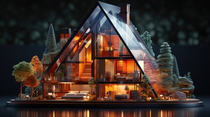 Modern glass triangular house with interior lighting and surrounding trees.