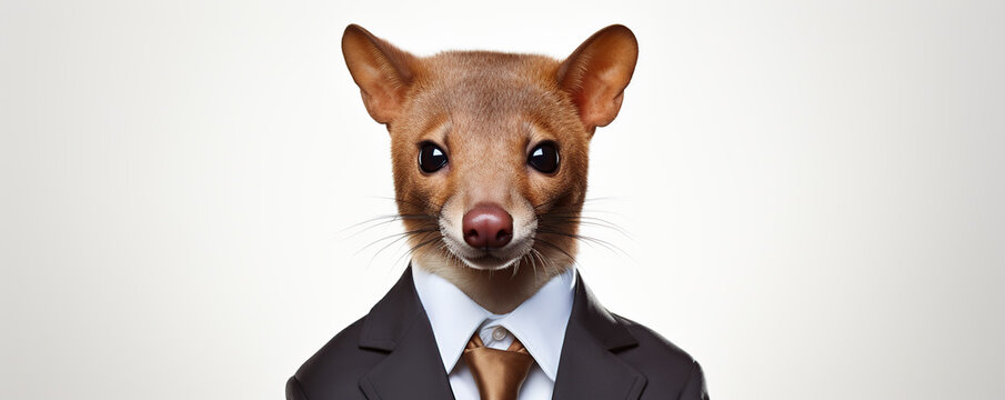 A Brown Fossa In A Suit Looks Directly At The Camera