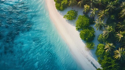 Serene Aerial View of a Tropical Beach with Lush Greenery and Crystal Clear Waters