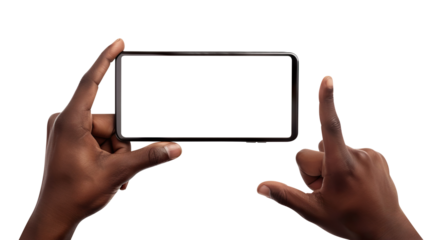 African American man's hand holding smartphone with another hand pointing at screen, cut out