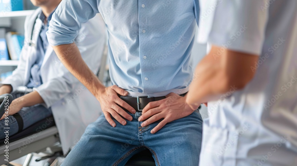 Poster doctor examining a patient with a spinal cord injury using adaptive equipment stock photo with copy 