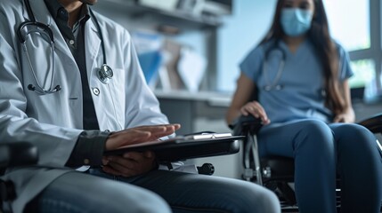 Doctor examining a patient with a spinal cord injury using adaptive equipment Stock Photo with copy space