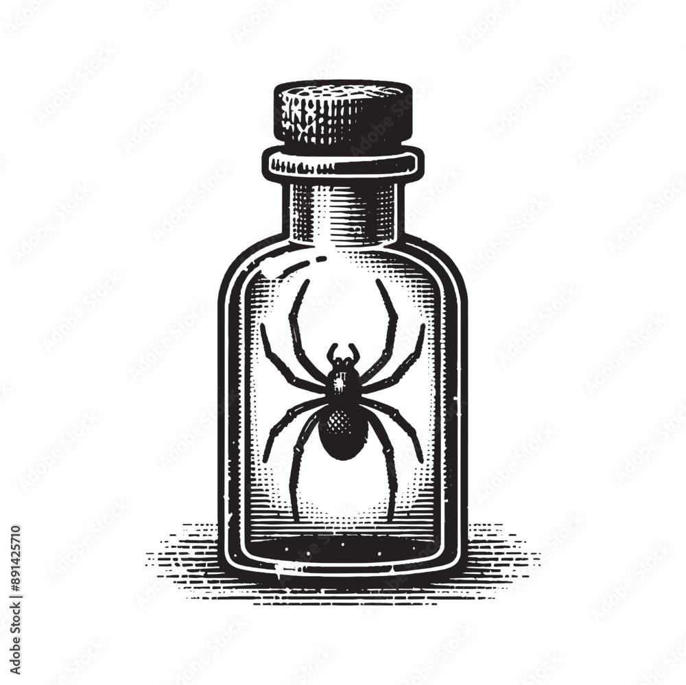 Wall mural Spider in a bottle. Vintage retro engraving illustration. Black icon, isolated element. Art vector illustration