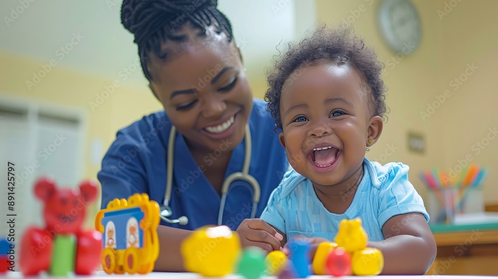 Poster Speech therapist working with a young child on language development using visual aids Stock Photo with copy space