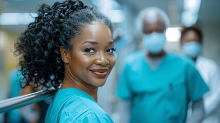 Rehabilitation nurse helping a patient with a stroke relearn to walk using parallel bars Stock Photo with copy space