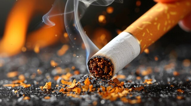 A close up of a broken cigarette with a person making a thumbs up gesture in the background Stock Photo with copy space