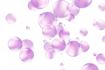 Glowing purple liquid particles bubbles pattern, fluid shiny droplets isolated on transparent background. Aesthetic composition for cosmetology, beauty