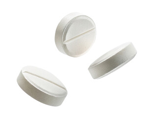 Three white pills floating in the air, cut out