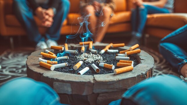 A quit smoking support group meeting with people sharing their experiences Stock Photo with copy space