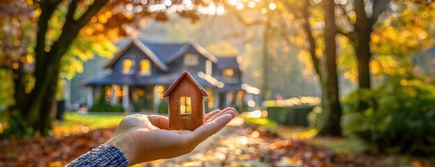 Obraz premium A hand holding a miniature house model in front of a real house, symbolizing real estate, home ownership, and family.